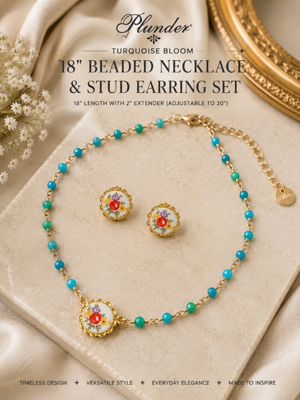 Plunder Turquoise Bloom 18" Beaded Necklace & Stud Earring Set